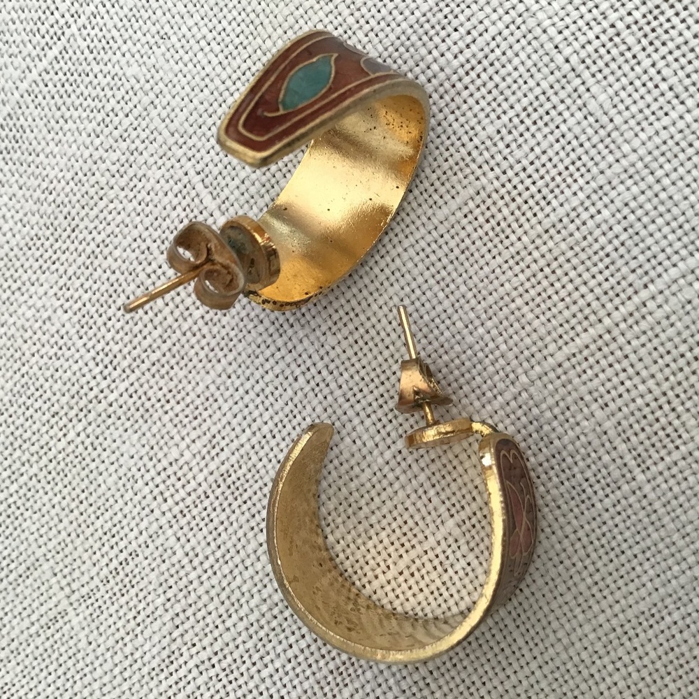 Vintage Cloisonné Enamel Floral Hoop Earrings Gold Tone Boho Retro Autumn - Picture 7 of 10